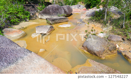 Clear Water Stream Flowing Over Rocks in Tropical Forest 127548227