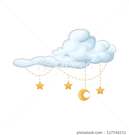 Illustration of Moon with star hanging in cloud 127548231