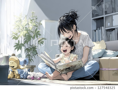 一位母親為孩子讀書的插圖素材 127548325