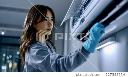 A clean scene of a young woman cleaning an air conditioner A clean scene of a young woman cleaning an air conditioner 127548334
