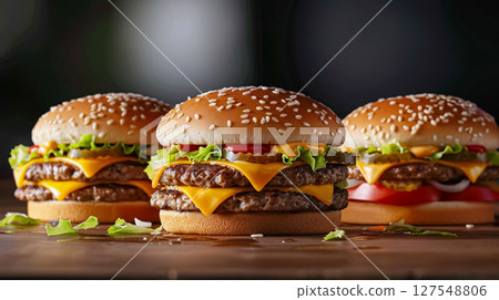 Tempting double cheeseburgers on a rustic wooden table with scattered sauce. Each features a juicy patty, melted cheese, fresh lettuce, tomato, pickles, and special sauce on a sesame seed bun. 127548806