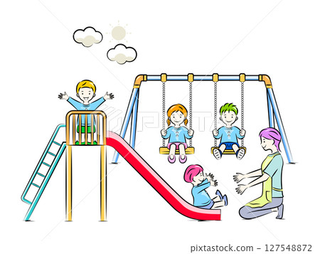 在遊樂場設備(鞦韆和滑梯)上玩耍的孩子和托兒所和幼兒園老師 | 托兒所和幼兒園插圖系列 在遊樂場設備(鞦韆和滑梯)上玩耍的孩子和托兒所和幼兒園老師 | 托兒所和幼兒園插圖系列 127548872