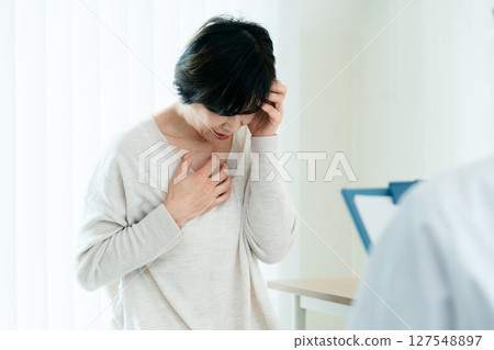 Woman listening to test results Woman listening to test results 127548897