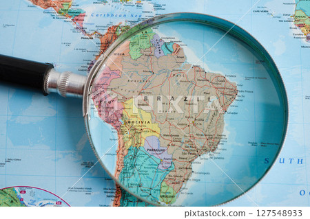 Bangkok, Thailand December 10, 2023 Brazil map in world map paper. Bangkok, Thailand December 10, 2023 Brazil map in world map paper. 127548933