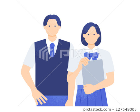 A girl holding a tablet, wearing a summer blazer uniform, male and female students, front view, vector illustration A girl holding a tablet, wearing a summer blazer uniform, male and female students, front view, vector illustration 127549003