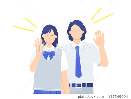 Summer uniforms for high school and junior high school students. Male and female students cheering. Calling pose illustration material Summer uniforms for high school and junior high school students. Male and female students cheering. Calling pose illustration material 127549004