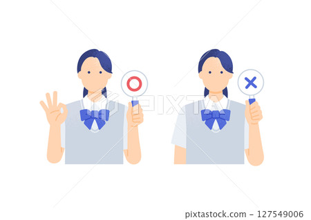 A girl in a summer blazer A high school girl holding a round number card Correct/incorrect judgment pose material A girl in a summer blazer A high school girl holding a round number card Correct/incorrect judgment pose material 127549006