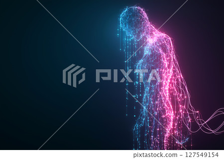 Futuristic neon cybernetic human silhouette connected to data network 127549154