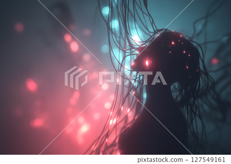 Futuristic neon cybernetic human silhouette connected to data network 127549161