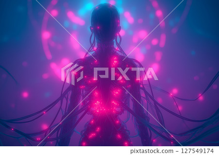 連接到數據網路的未來派霓虹燈控制論人體輪廓 連接到數據網路的未來派霓虹燈控制論人體輪廓 127549174