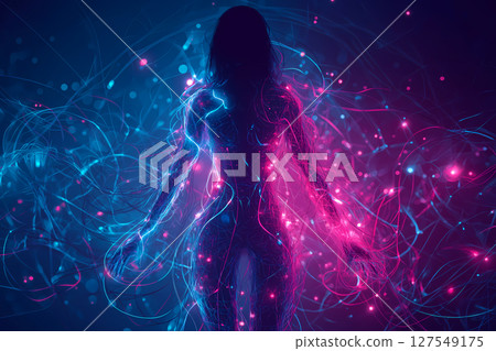 Futuristic neon cybernetic human silhouette connected to data network Futuristic neon cybernetic human silhouette connected to data network 127549175