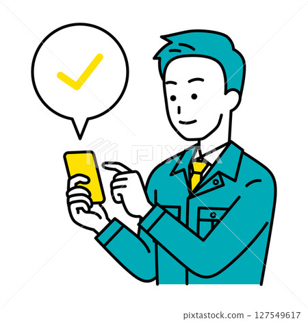 Male worker checking on smartphone Male worker checking on smartphone 127549617