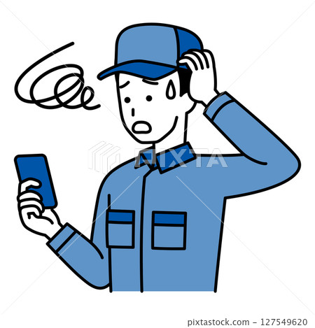 一名身穿工作服的男子在使用智慧型手機時遇到問題 一名身穿工作服的男子在使用智慧型手機時遇到問題 127549620