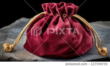 Elegant burgundy velvet pouch with gold drawstrings on stone surface 127549739