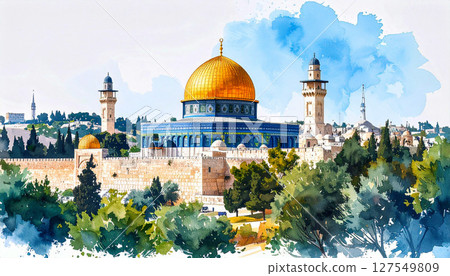 panorama of Jerusalem, Watercolor painting of Jerusalem cityscape featuring the Dome of the Rock and surrounding historic architecture, with lush green foreground and distant hills under a bright sky 127549809