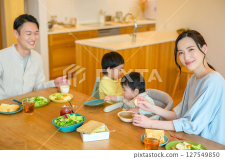 Japanese family having breakfast Japanese family having breakfast 127549850