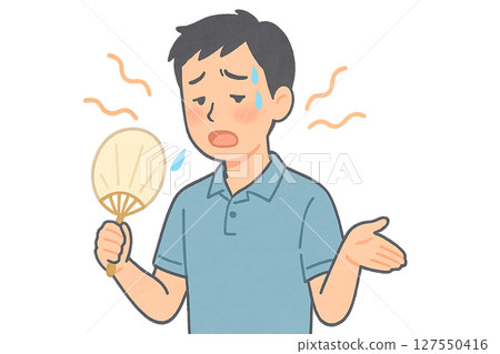 一名男子因中暑而精疲力竭，正在使用風扇的插圖，一名男子因盛夏酷暑而精疲力竭，正在扇風，這是中暑的早期症狀的插圖 127550416