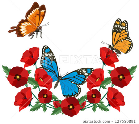 Colorful Butterflies and Red Poppies Vector Illustration Colorful Butterflies and Red Poppies Vector Illustration 127550891