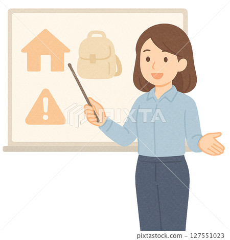 Illustration of a female instructor explaining disaster prevention, female disaster prevention instructor conveying evacuation and preparation, woman giving disaster prevention lecture on whiteboard 127551023