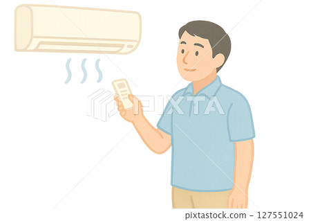 A man operating an air conditioner to protect himself from the heat, a middle-aged man turning on the air conditioner to adjust the room temperature, using the air conditioner to prevent heatstroke 127551024
