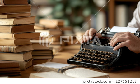 Elderly man writing poetry on an old typewriter that surrounded by stacks of books and a warm and vintage aesthetic 127551215