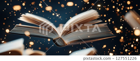 Floating books in a surreal library that each page glowing with poetic verses and symbolizing infinite creativity 127551226