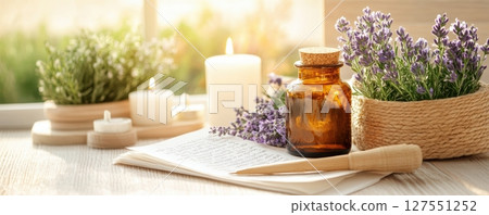 Vintage quill pen writing poetry on parchment paper that surrounded by blooming flowers and candles with evoking timeless creativity 127551252