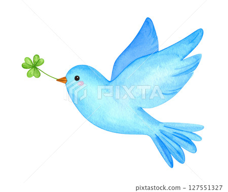 A blue bird holding a clover 127551327