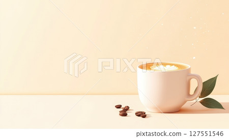 Aromatic Espresso Cup with Coffee Beans and Leaf on Wooden Table Aromatic Espresso Cup with Coffee Beans and Leaf on Wooden Table 127551546