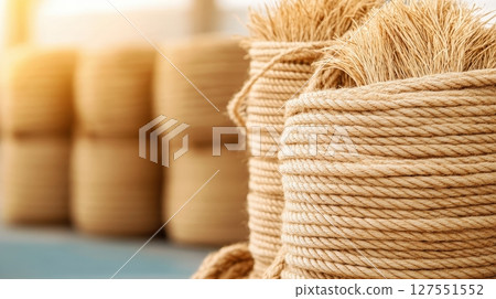 Coconut Fiber Ropes and Mats Stacked in Shipping Dock for Sustainable Materials 127551552