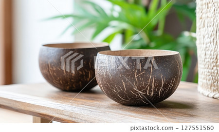 Eco Friendly Coconut Shell Bowls on Wooden Surface Eco Friendly Coconut Shell Bowls on Wooden Surface 127551560