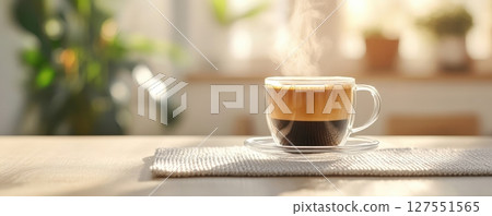 Freshly Brewed Coffee in Transparent Glass Mug on Wooden Table 127551565