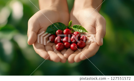 Hands Cupping Freshly Picked Organic Coffee Cherries with Plant Leaves Hands Cupping Freshly Picked Organic Coffee Cherries with Plant Leaves 127551572