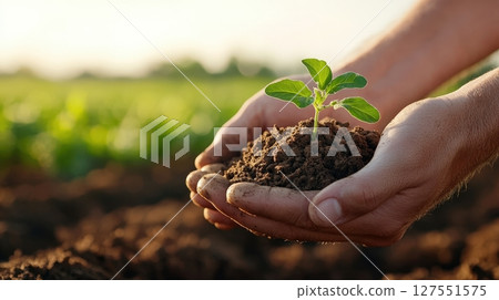 Hands Holding Freshly Dug Potatoes with a Green Field in the Background 127551575
