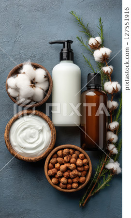 Natural skincare product with cotton, hazelnut, cream, and brown bottle on gray background Natural skincare product with cotton, hazelnut, cream, and brown bottle on gray background 127551916