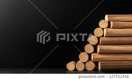 Stacked Timber Logs Arranged in a Bar Chart Shape for Visual Data Representation Stacked Timber Logs Arranged in a Bar Chart Shape for Visual Data Representation 127552436