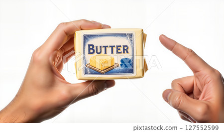 No people holding butter package with label against neutral background 127552599