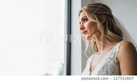Bridal portrait looking out the window 127552607