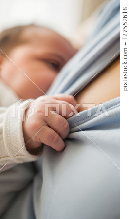 Baby breastfeeding with mother's clothing in soft light 127552618