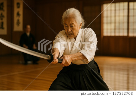 The impressive figure of a senior female martial artist holding a Japanese sword 127552708