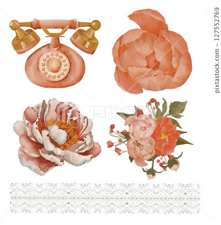 Peony rose house illustration watercolor isolated sticker set green leaves 127552769