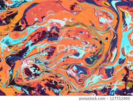 Fiery orange with striking turquoise and fluid motion gives this vibrant abstract piece energy and warmth, suited for bold artistic interior decor 127552900