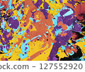 Bold abstract artwork with vibrant purple, orange, and turquoise swirls creating dynamic motion and textured depth for modern expressive design use 127552920