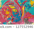 Saturated teal, red, and yellow swirl in wild acrylic movement with bold brushstrokes, designed for statement prints and expressive visual storytelling 127552946
