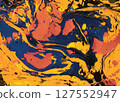 Moody dark blue and fiery gold fluid swirls form a dramatic marble pattern, perfect for intense contemporary backgrounds or energetic design themes 127552947