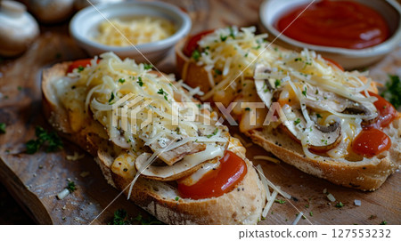 Crunchy bruschetta with mushrooms, melted cheese, and ketchup, garnished with fresh herbs, served on a wooden board. 127553232