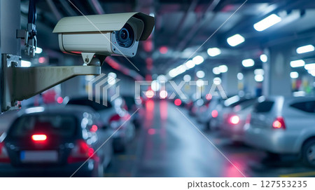 Security camera monitoring heavy traffic on a busy city street during rush hour. 127553235