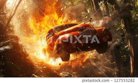 A classic car launches through the air amidst a fiery explosion in a dense forest, intensity in a vintage adventure scene 127553282
