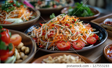 A mouthwatering platter of Thai green papaya salad, shredded papaya mixed with tomatoes, peanuts 127553283