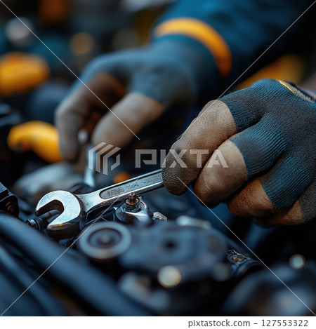 Mechanic working on car engine with a wrench 127553322